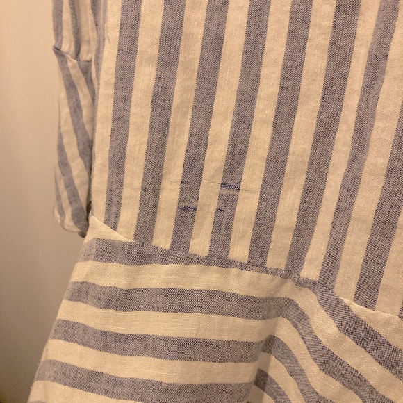 Alice + Olivia Doyle Peplum Top, Slub Linen blue stripe and trumpet sleeve - Picture 8 of 11